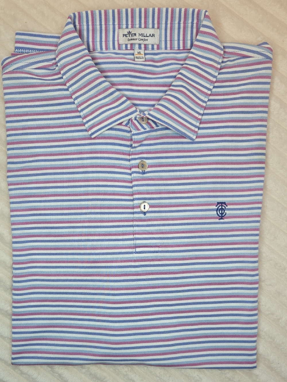 Peter Millar Short-Sleeve Striped Polo in White, Blue & Pink